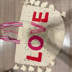 Victoria's Secret Cream Canvas Tote with Pink & Red 'LOVE' Graphic
